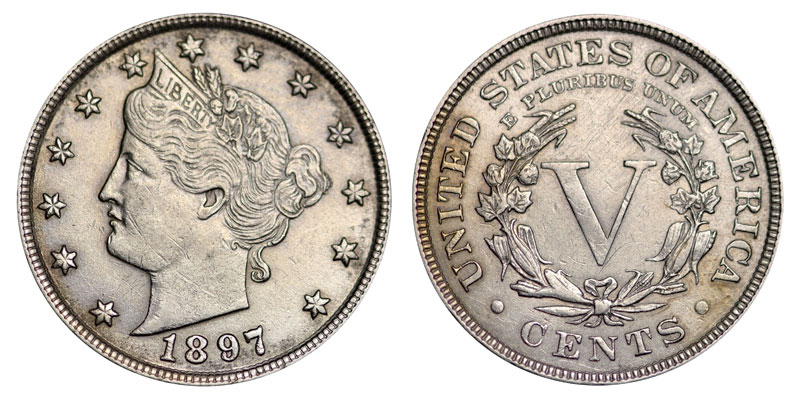1897 Liberty Head V Nickel obverse and reverse showing Liberty portrait and large V denomination