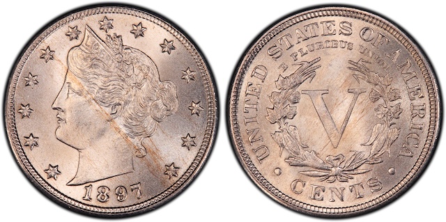 Side by side comparison of plain 1897 Liberty nickel date versus RPD FS-301 repunched date variety showing doubled digit impressions