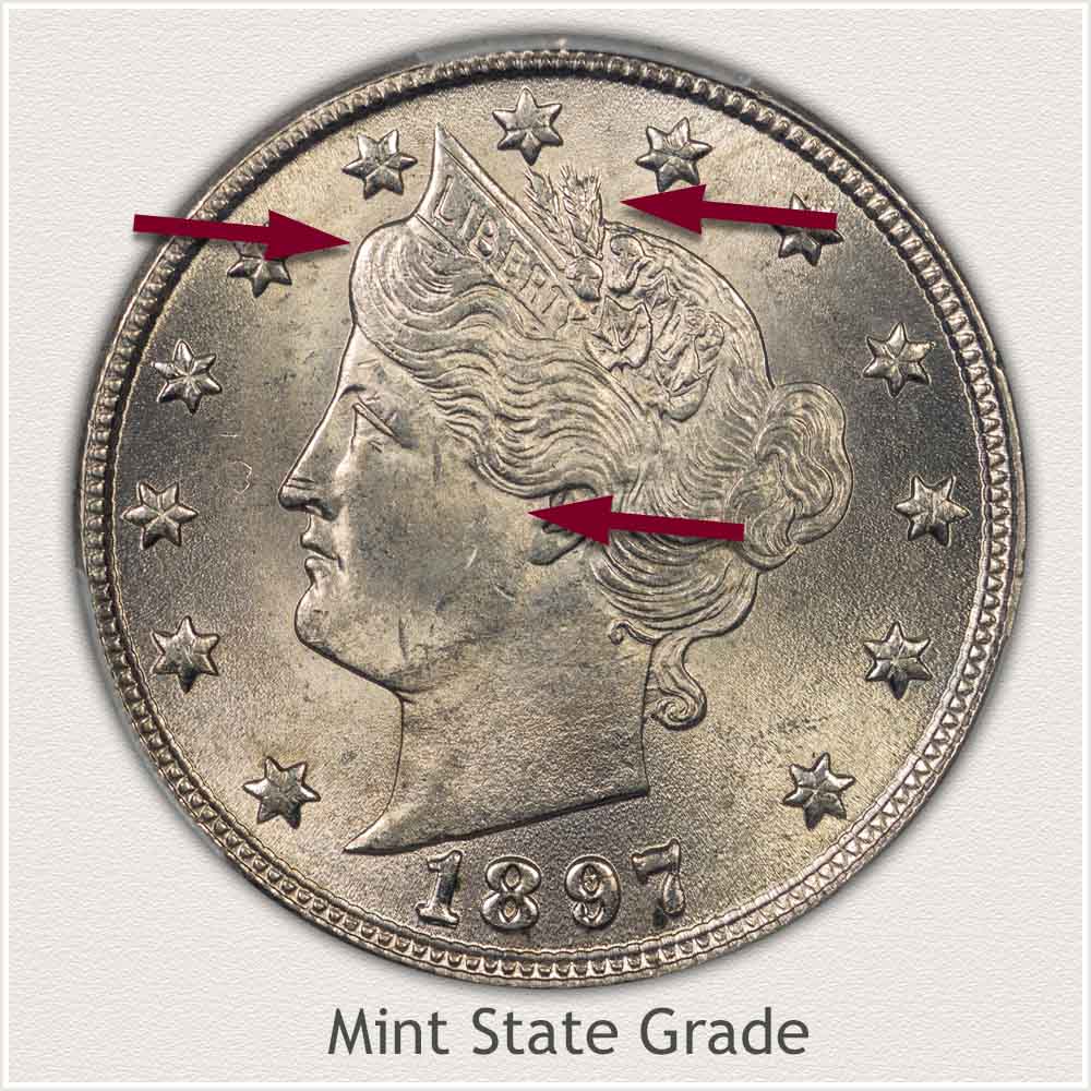 1897 Liberty nickel RPD-003 variety showing ghosted 97 secondary date impression beneath primary 1897 date