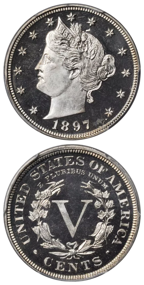 1897 Liberty nickel Proof Strike showing deeply mirrored fields and frosted cameo devices characteristic of proof coinage