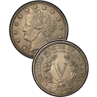 Group of 1897 Liberty Head V Nickels showing range of grades from worn circulated to mint state uncirculated condition