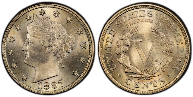 1897 Liberty nickel grading strip showing four condition examples from Good to Mint State left to right